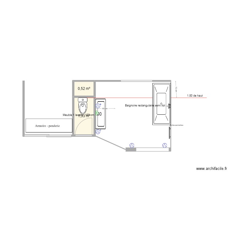 sandrine  Baignoire long du mur meeuble 1 vasque 100 cm. Plan de 2 pièces et 9 m2