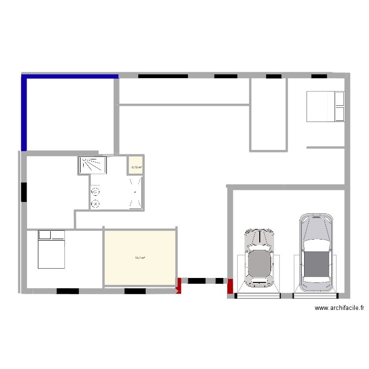 Plan L. Plan de 2 pièces et 11 m2