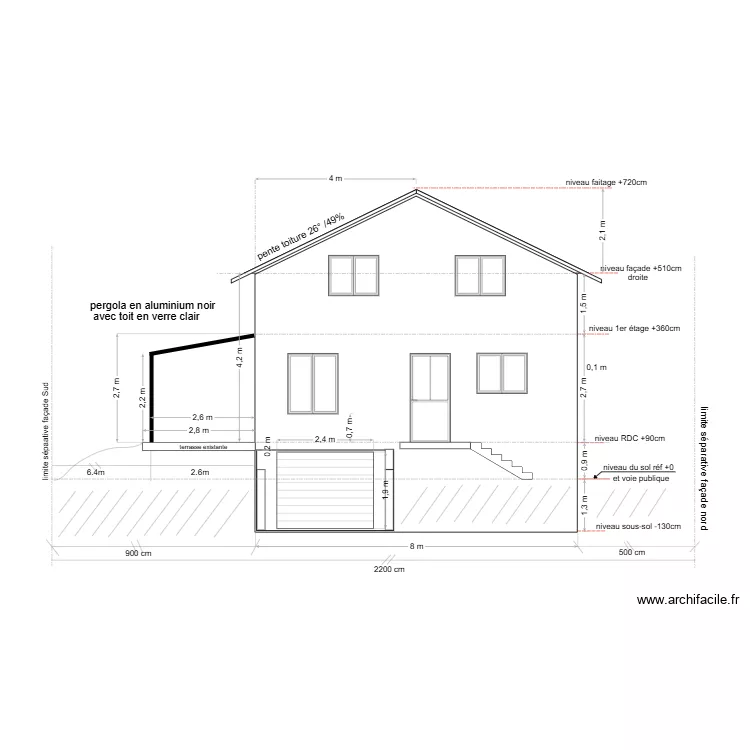 maison Douvres / plan de coupe projet Pergola / vue façade Est. Plan de maison Douvres / plan de coupe projet Pergola / vue façade Est. Plan de