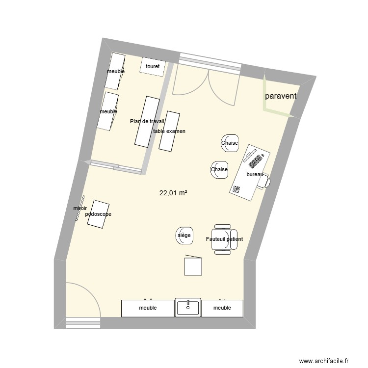 cabinet. Plan de 1 pièce et 22 m2
