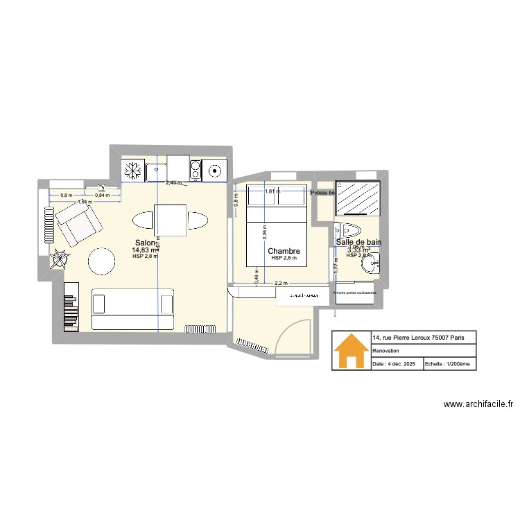 Pierre Leroux version rénovée v1. Plan de 3 pièces et 26 m2