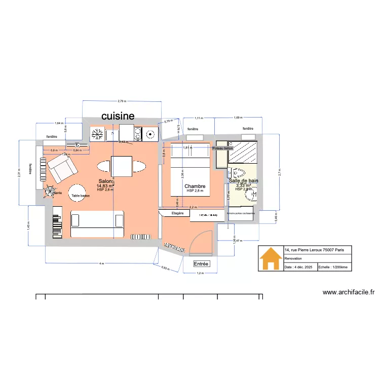 Pierre Leroux version r&eacute;nov&eacute;e v1. Plan de 3 pièces et 26 m²