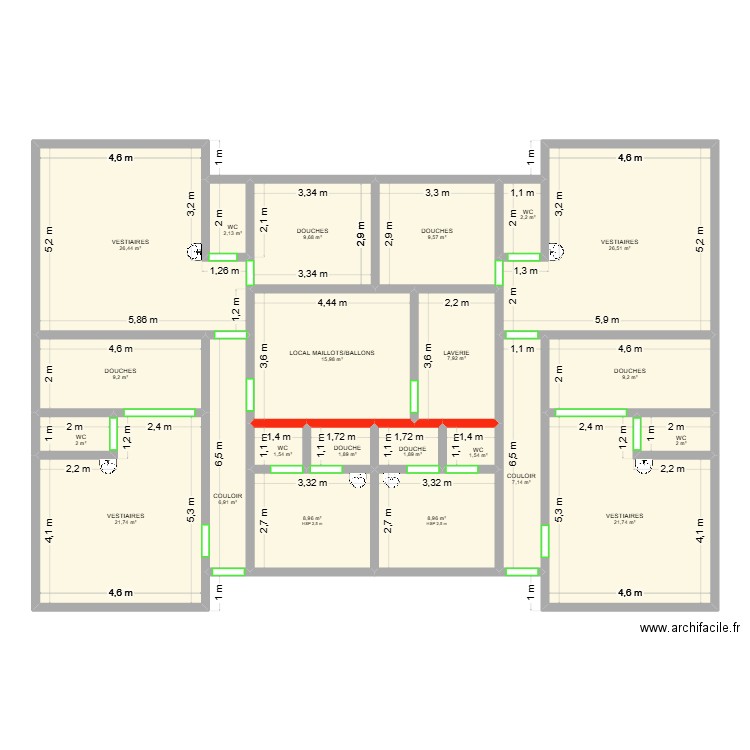 Vestiaires GSY. Plan de 22 pièces et 205 m2