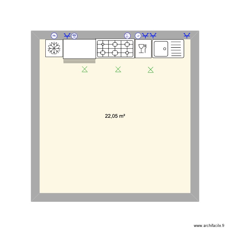 cuisine. Plan de 1 pièce et 22 m2