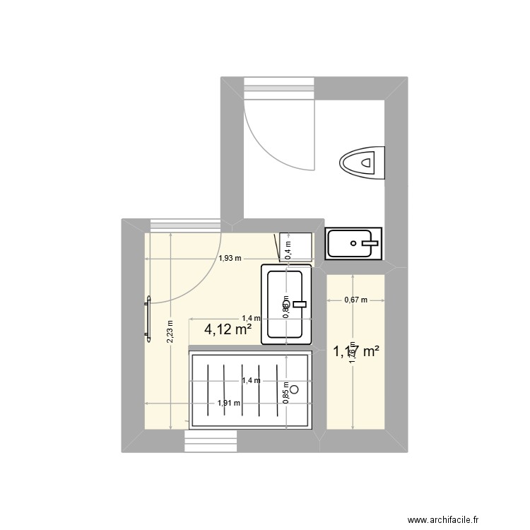 SDB - WC MF. Plan de 2 pièces et 5 m2