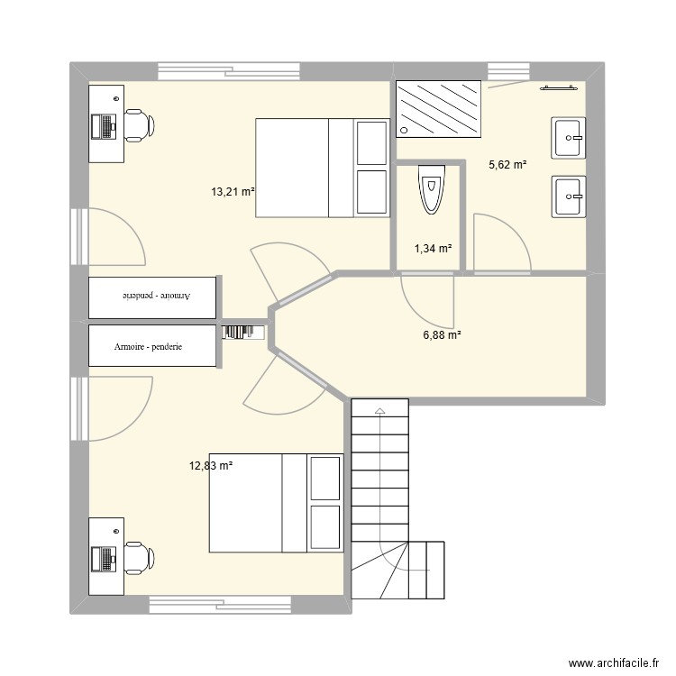 Etage enfant AVP13 test. Plan de 5 pièces et 40 m2