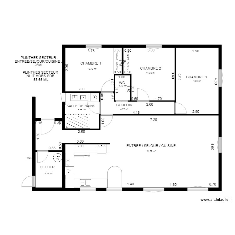 COTES INTERIEURES MAISON ORAISON 2. Plan de 8 pièces et 103 m2