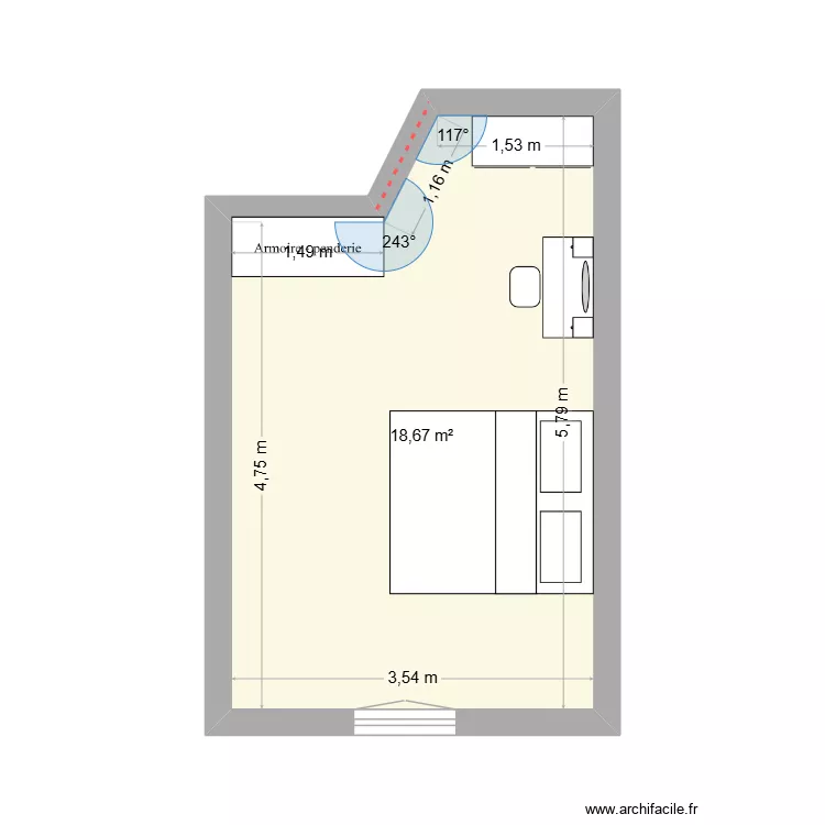 chambre parent avec meuble. Plan de 1  et 19 m²