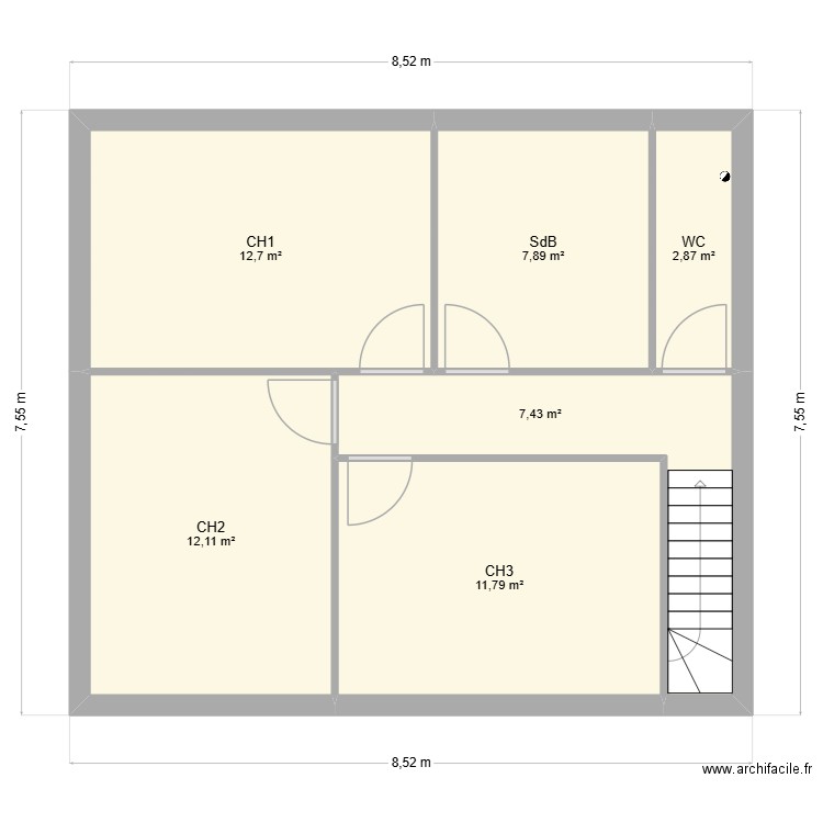 Chabert etage. Plan de 6 pièces et 55 m2