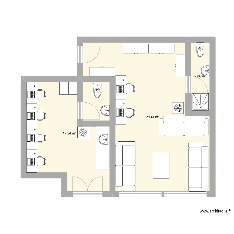 Aménagement 1136+1137. Plan de 3 pièces et 50 m2