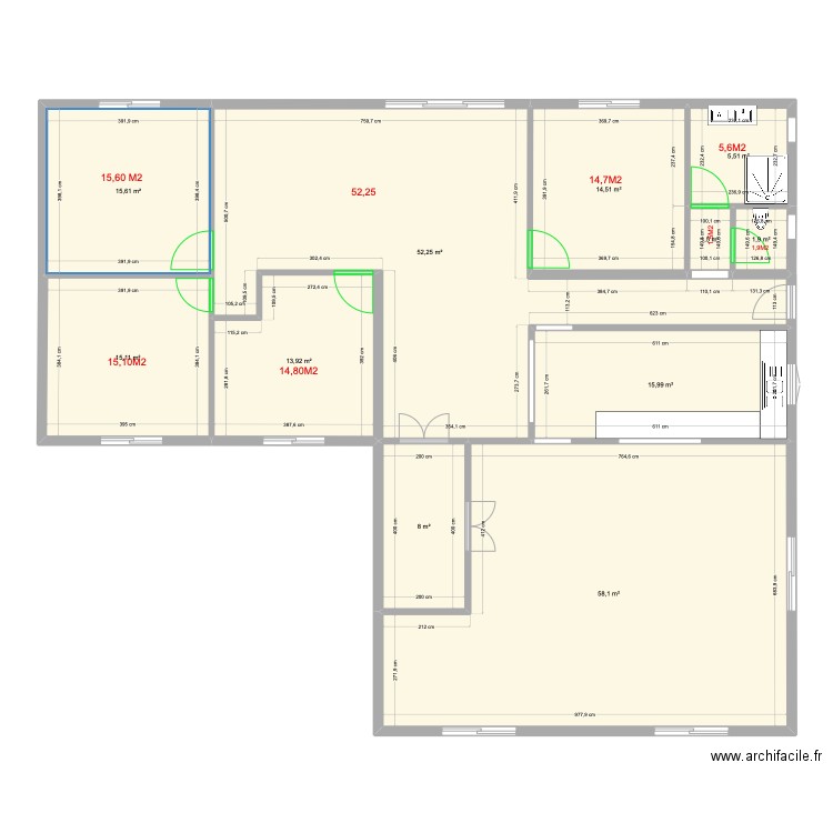 raté. Plan de 11 pièces et 202 m2