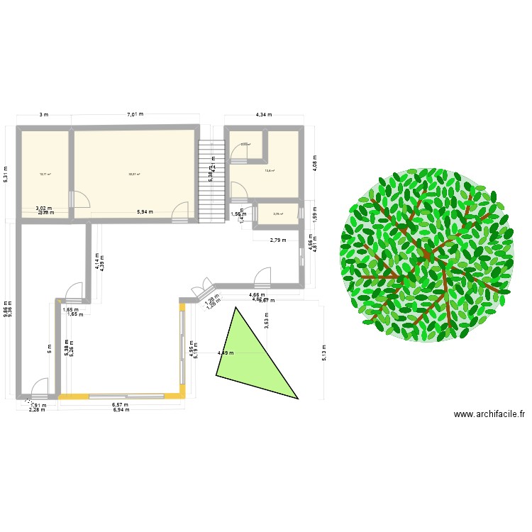 ombrage. Plan de 5 pièces et 61 m2