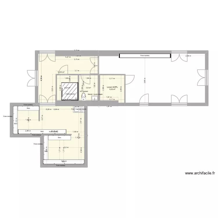 Vestiaire gym Projet 2. Plan de 5 Pièces et 51 m²