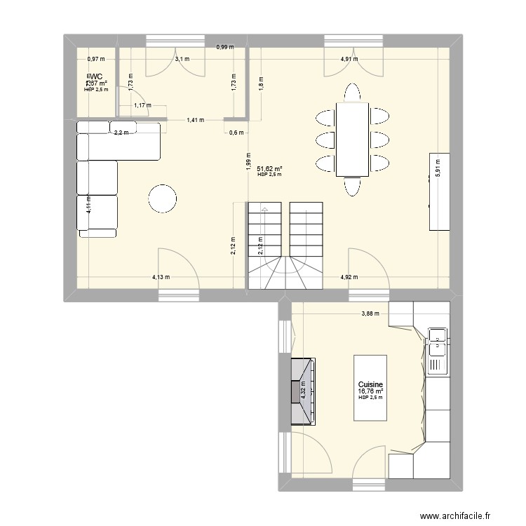Niveau R+0 - modifié. Plan de 3 pièces et 70 m2