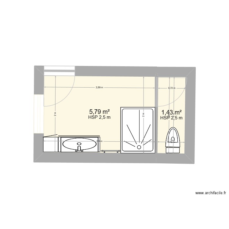 SDB Condat. Plan de 2 pièces et 7 m2