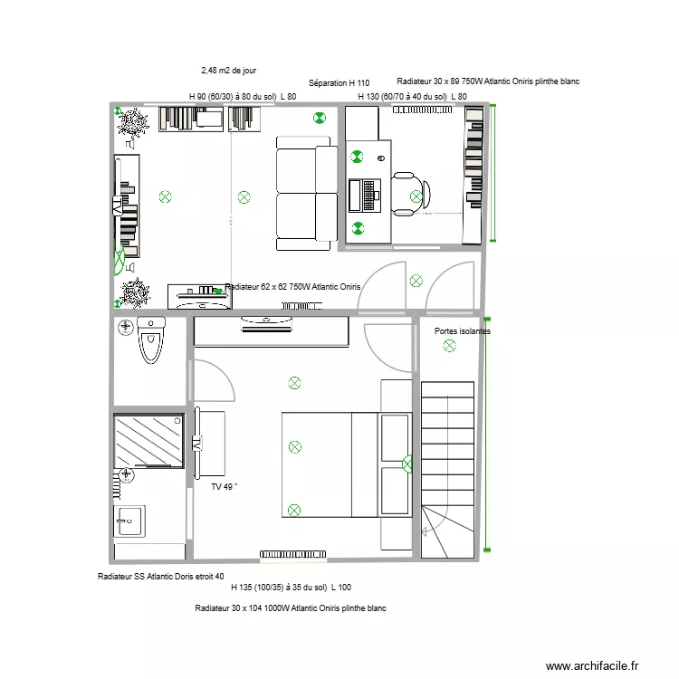 3. Salon et chambre 3 fen&ecirc;tres fauteuil perpendiculaire fen&ecirc;tre. Plan de 3  et 37 m²