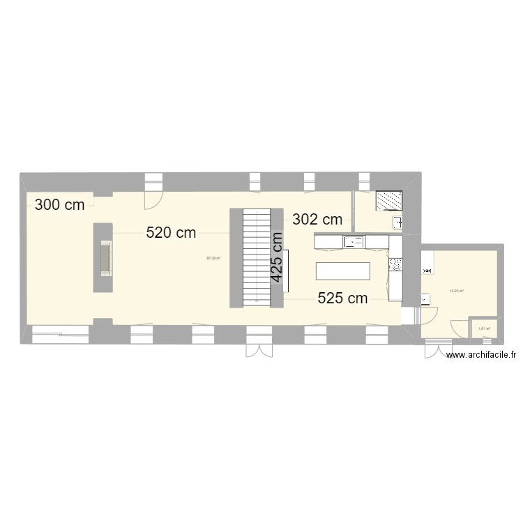 Rdc. Plan de 3 pièces et 110 m2