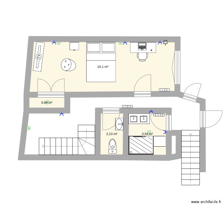 CHAMBRE BALCON. Plan de 4 pièces et 23 m2