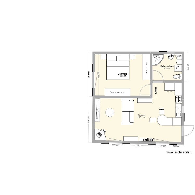 M 45 I Aménagements projet. Plan de 3 pièces et 45 m2