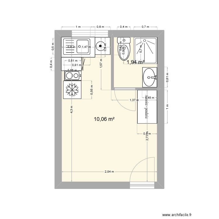 Studio 1. Plan de 2 pièces et 12 m2