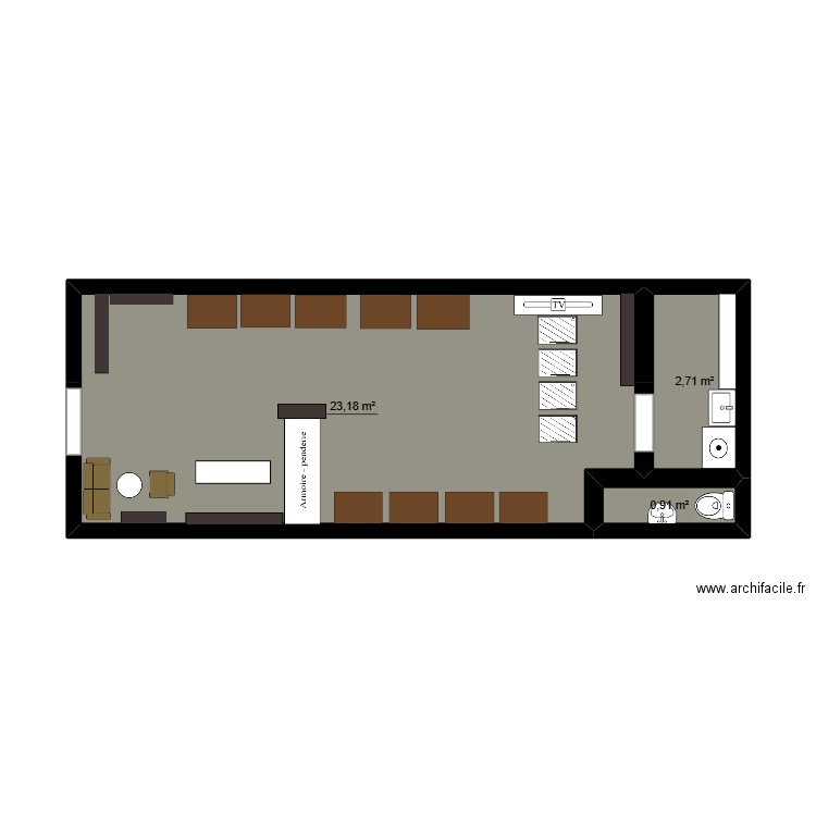 salon de coiffure. Plan de 3 pièces et 27 m2