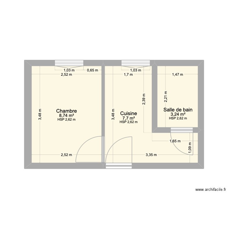 RDC AVANT. Plan de 3 pièces et 20 m2