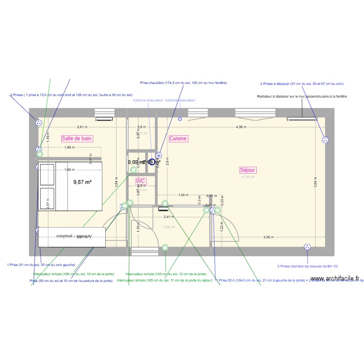 chantier. Plan de 7 pièces et 32 m2