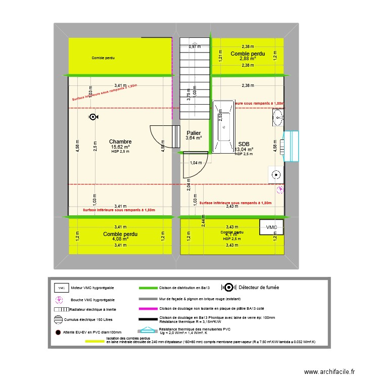 Comble aménageable après travaux. Plan de 6 pièces et 43 m2