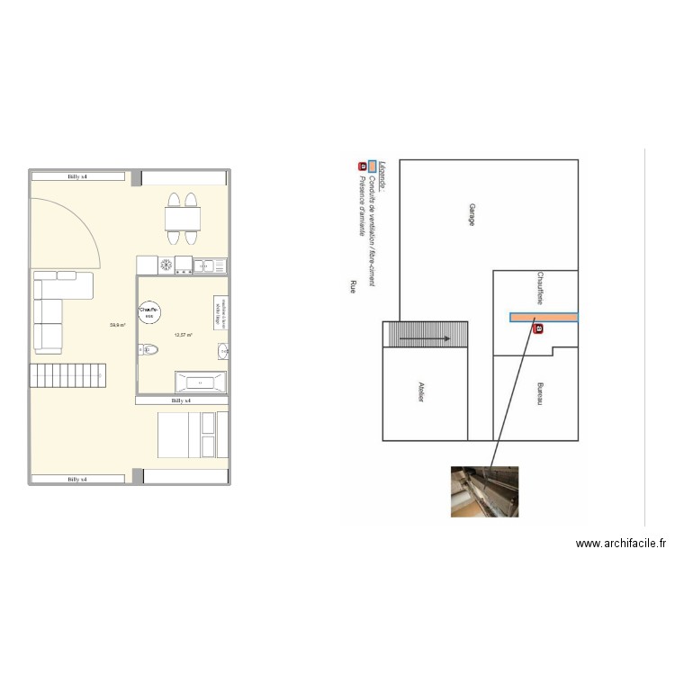 Le terrier. Plan de 2 pièces et 72 m2