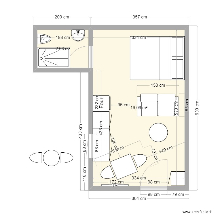 Tilleuil. Plan de 2 pièces et 21 m2