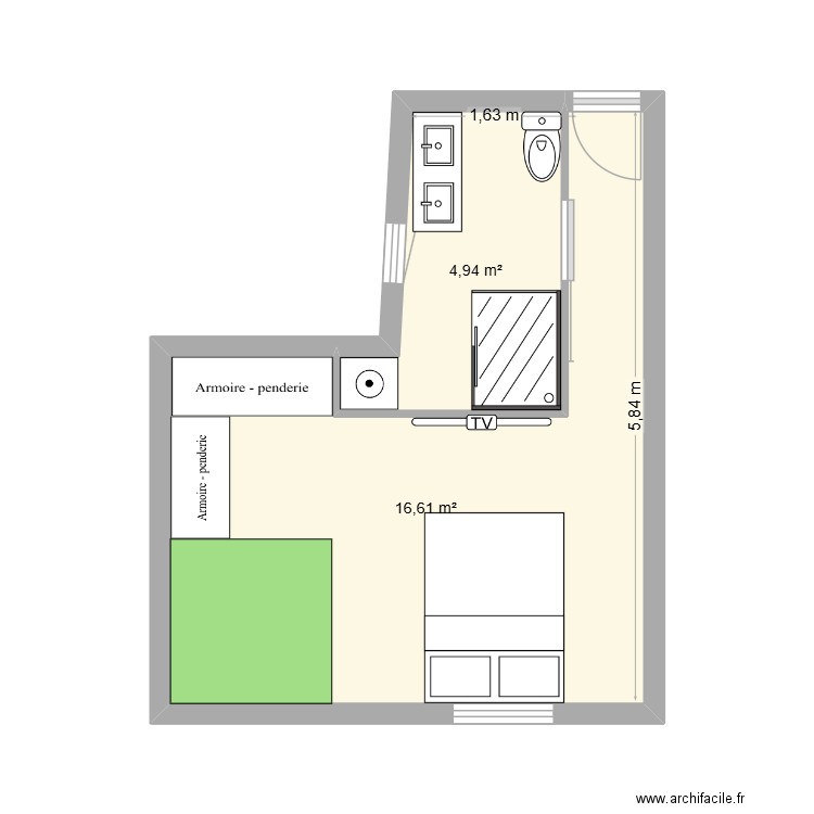 Extension chambre val. Plan de 2 pièces et 22 m2