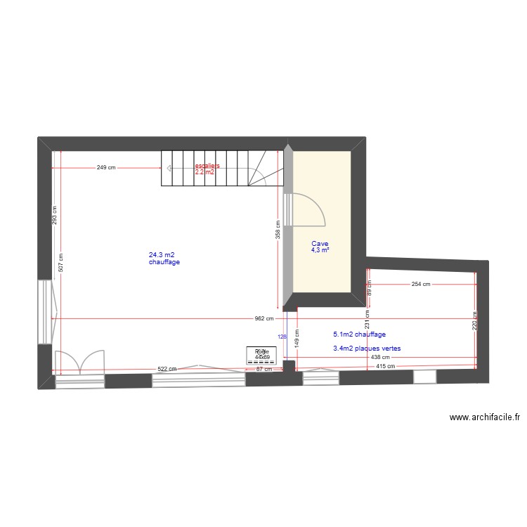 Melandrelle rez V5 chauffage. Plan de 1 pièce et 4 m2