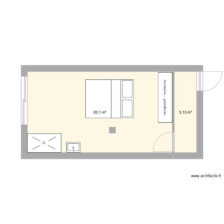 Chambre. Plan de 2 pièces et 23 m2