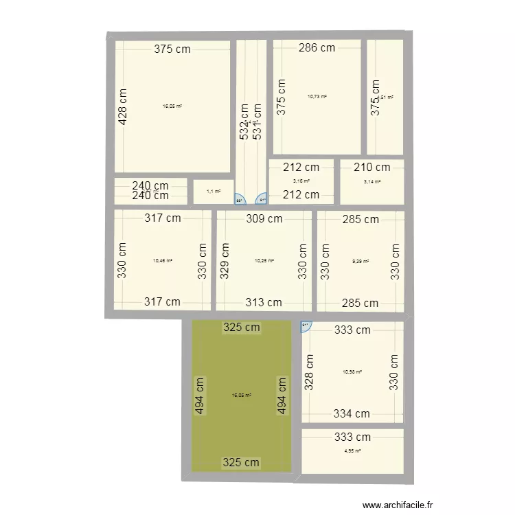 r+1. Plan de 14 Pièces et 108 m²