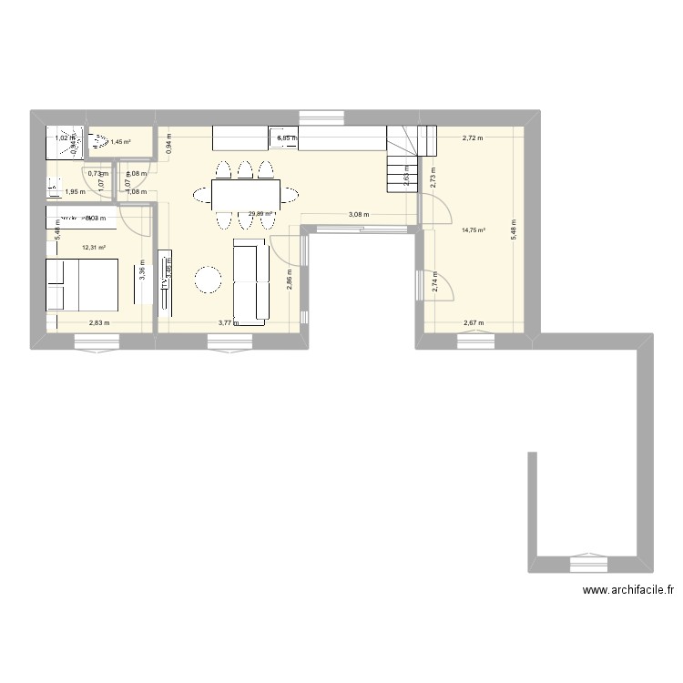 Grange. Plan de 4 pièces et 58 m2