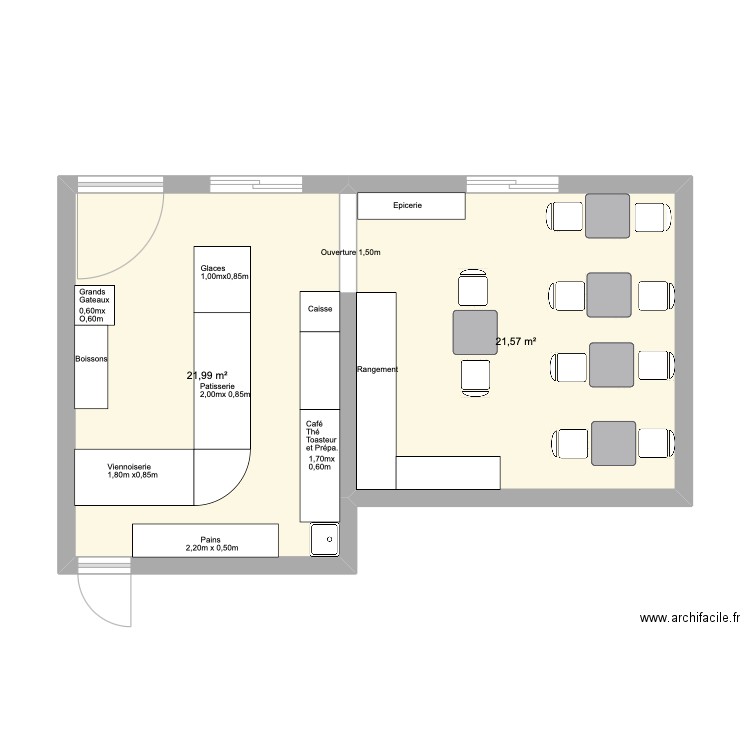 Patisserie. 2. Plan de 2 pièces et 44 m2