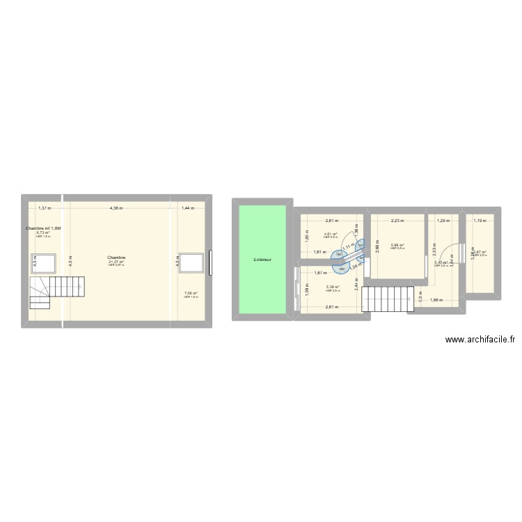 2ème étage. Plan de 9 pièces et 61 m2