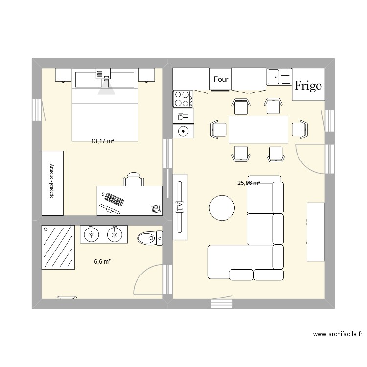 Appartement de 45m2. Plan de 3 pièces et 46 m2