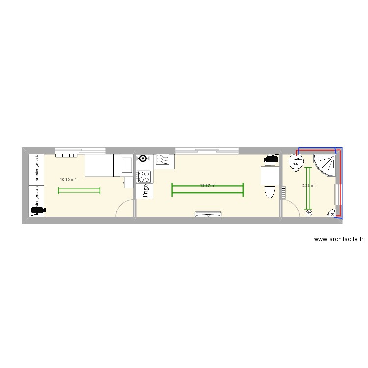 conteneur. Plan de 3 pièces et 29 m2