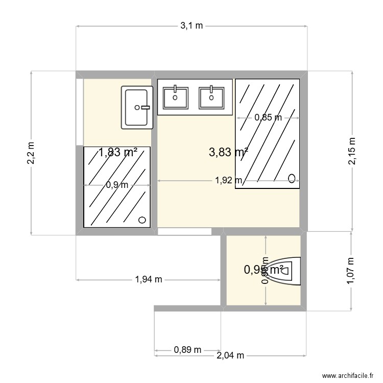 SDB Antoine et delphine. Plan de 3 pièces et 7 m2