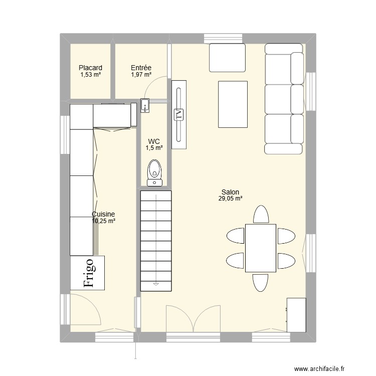 bas. Plan de 5 pièces et 44 m2