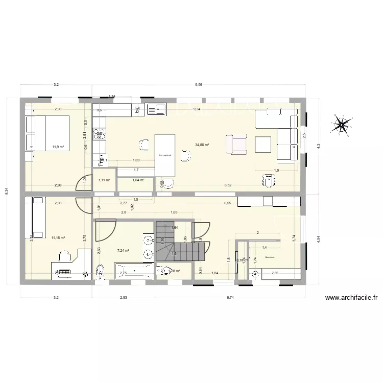 projet 1er &eacute;tage test am&eacute;nagement complet + buanderie V2 5.06. Plan de 9  et 94 m²