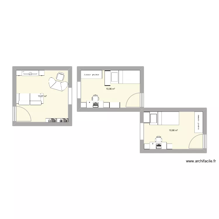 chambre et bureau. Plan de 3  et 35 m²