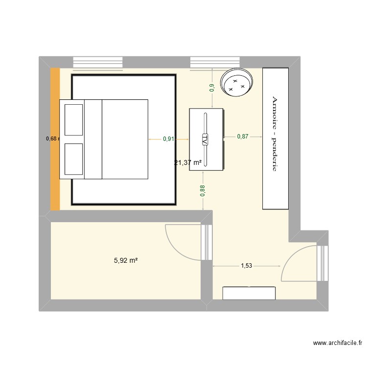 Chambre parentale Caen. Plan de 2 pièces et 27 m2
