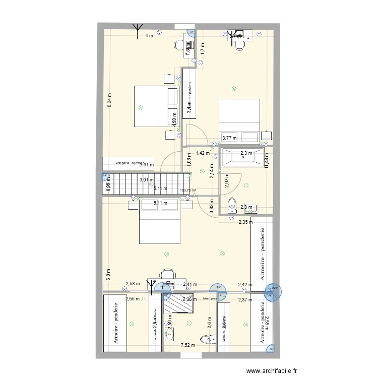 etage coullons pour elec. Plan de 1 pièce et 104 m2