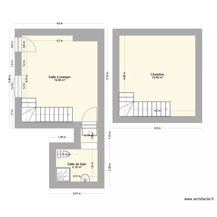 Appart 2. Plan de 4 pièces et 44 m²