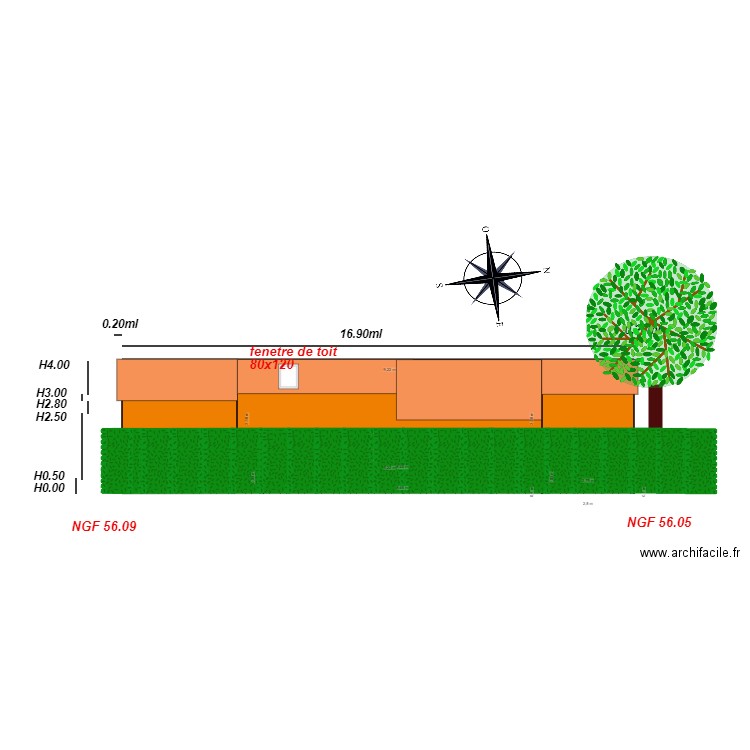 Facade EST                  chalet 37. Plan de 5 pièces et 56 m2