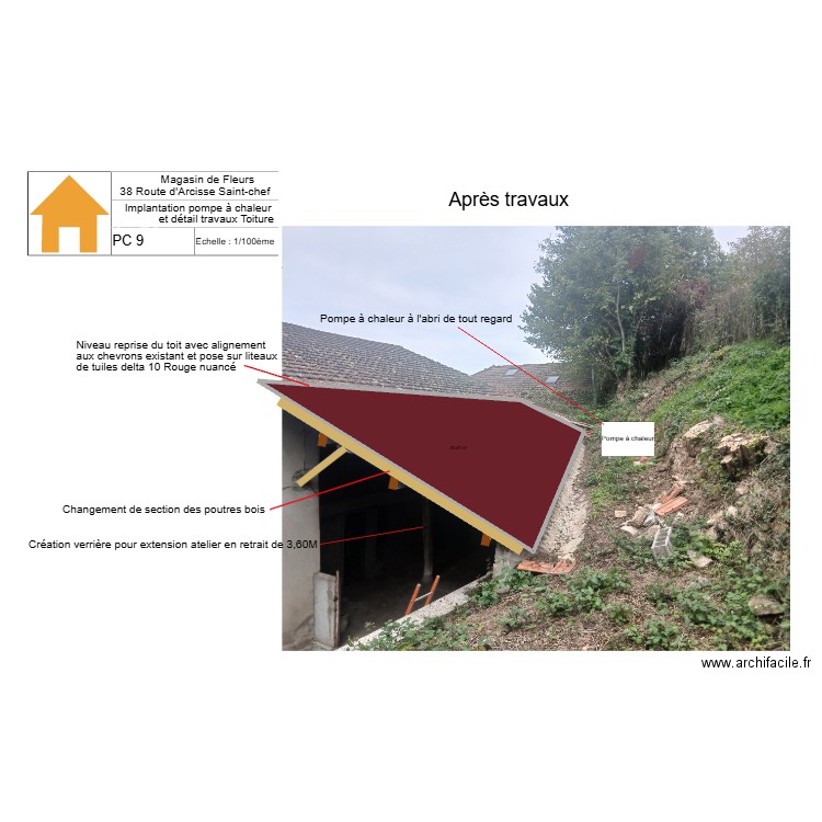 PC 9 Implantation pompe et détails travaux toiture. Plan de 1 pièce et 30 m2
