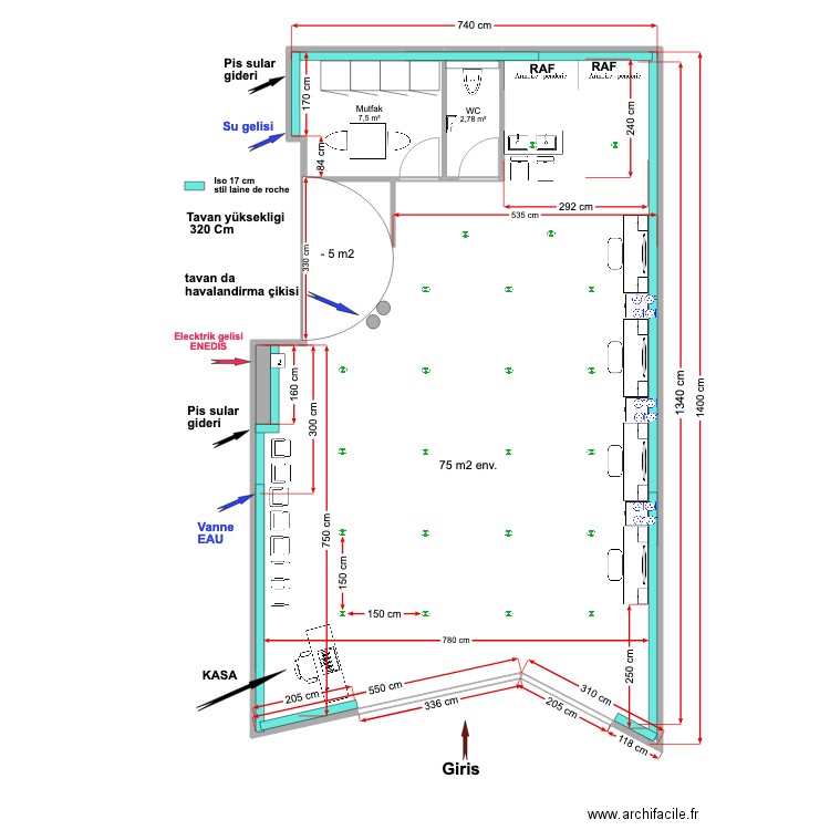 Salon Coiffure Bondy. Plan de 3 pièces et 101 m2