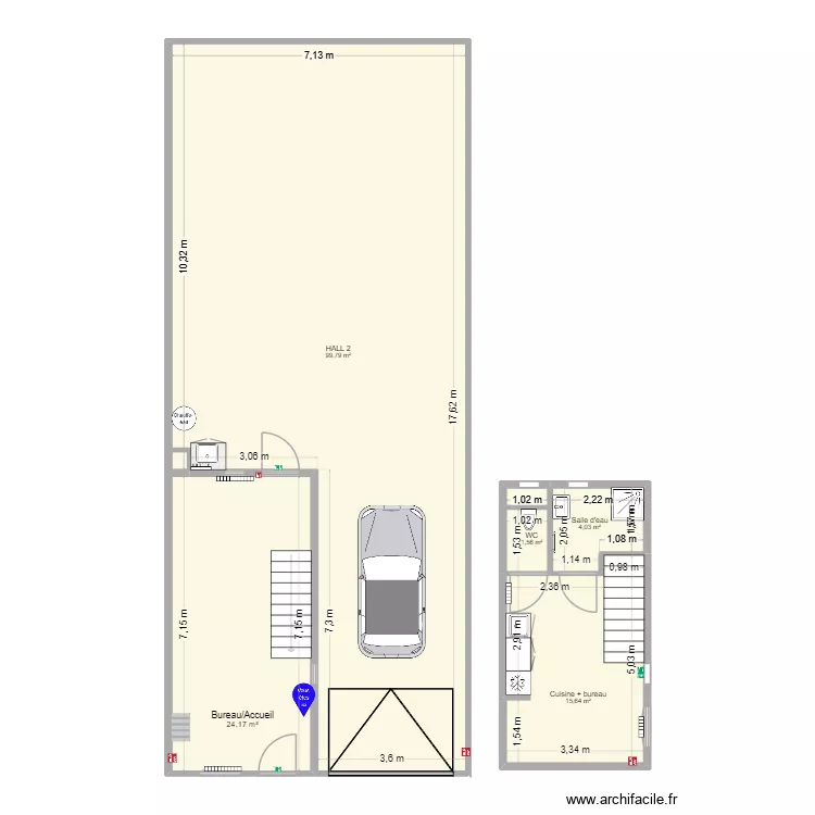 hall 2. Plan de 6  et 146 m²